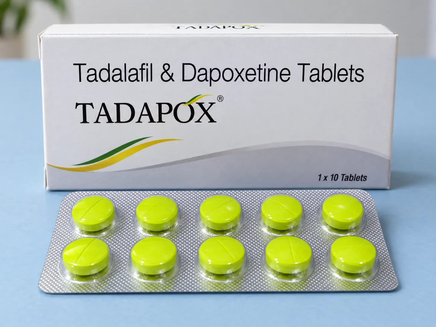 AI-generated illustration of TADAPOX packaging on a level tabletop