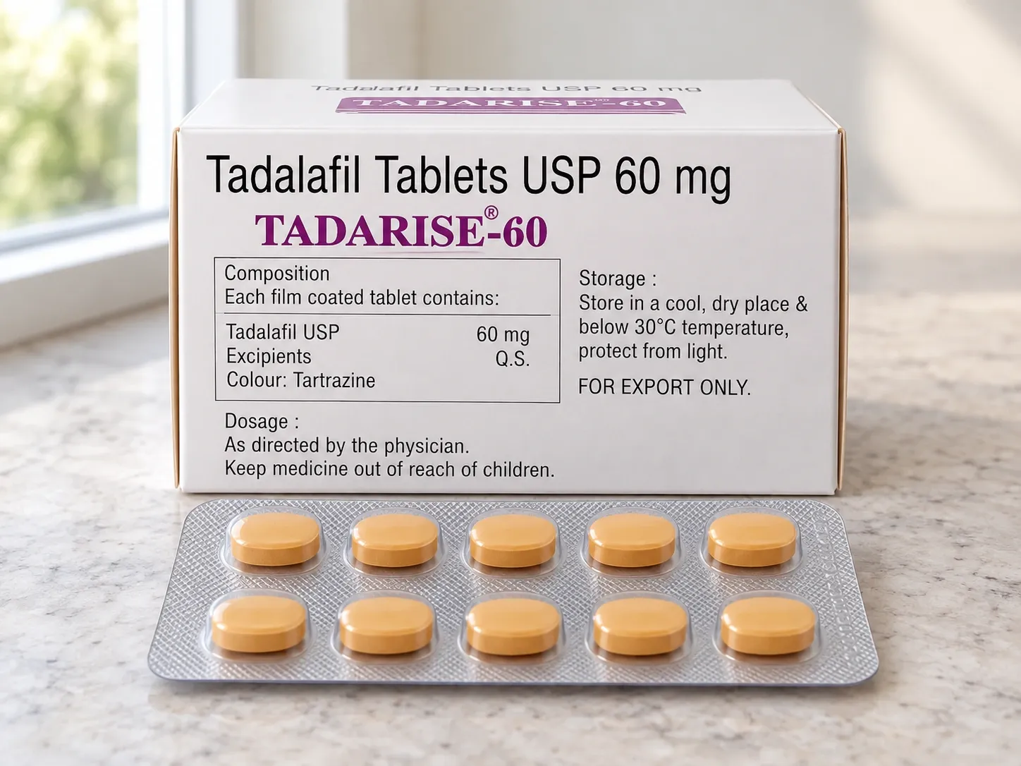 TADARISE-60 carton and blister — AI-generated illustration; packaging and fine print are approximate. TADARISE-60 carton and blister — AI-generated illustration; packaging and fine print are approximate.