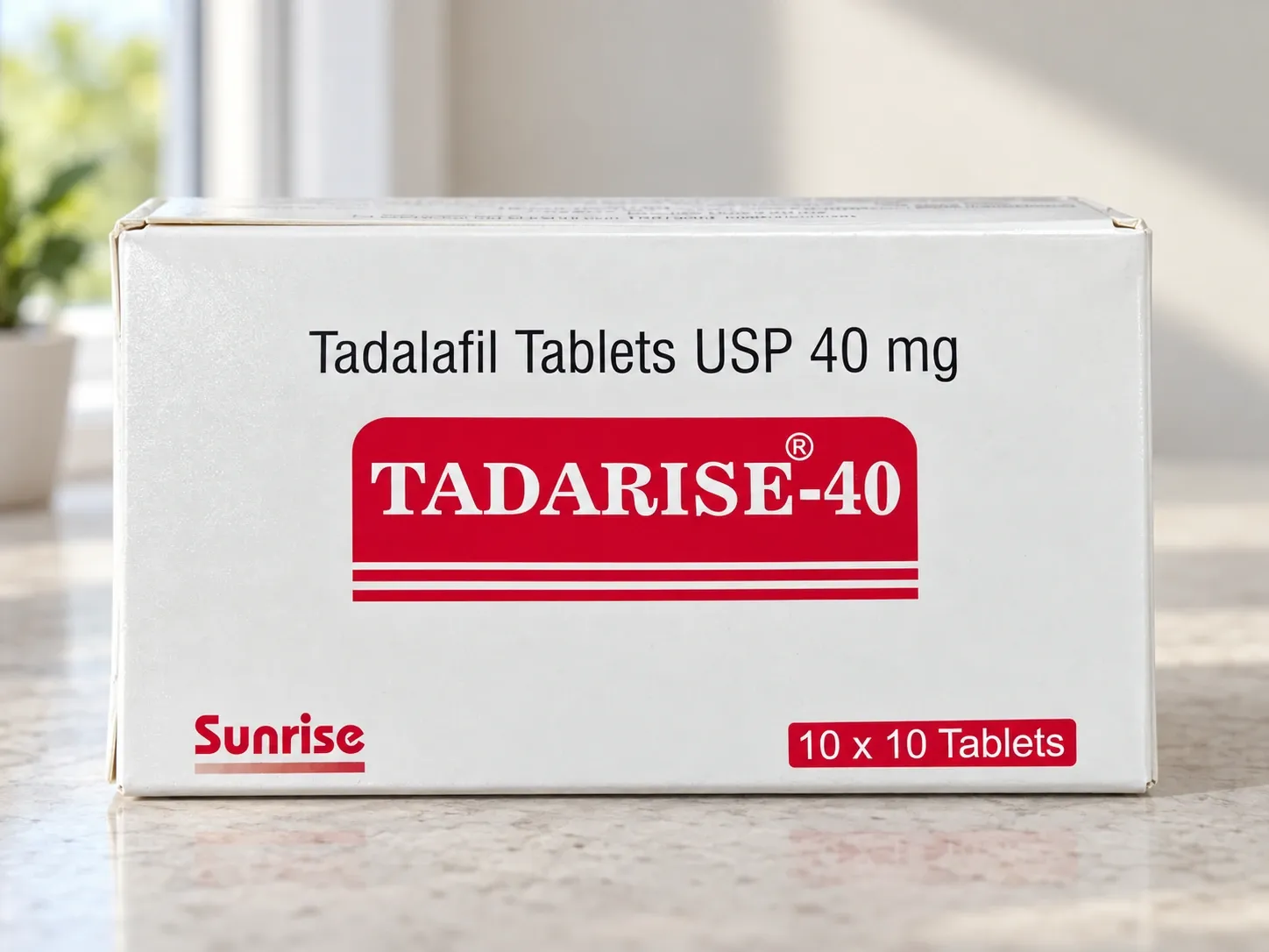 AI-generated illustration of TADARISE-40 carton on a level stone tabletop