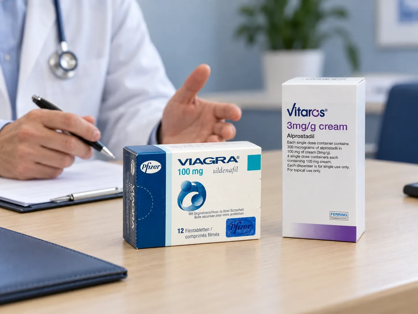 Editorial illustration of tablet and cream examples at a treatment consultation desk