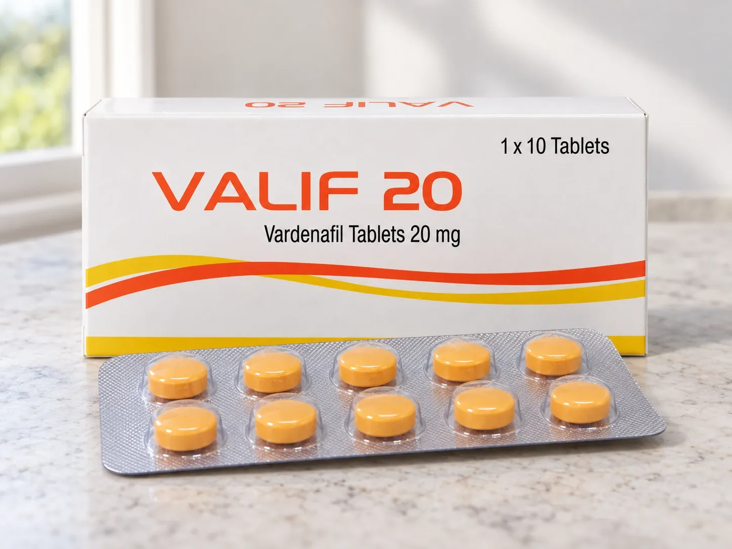 AI-generated illustration of VALIF 20 tablets on a level stone tabletop