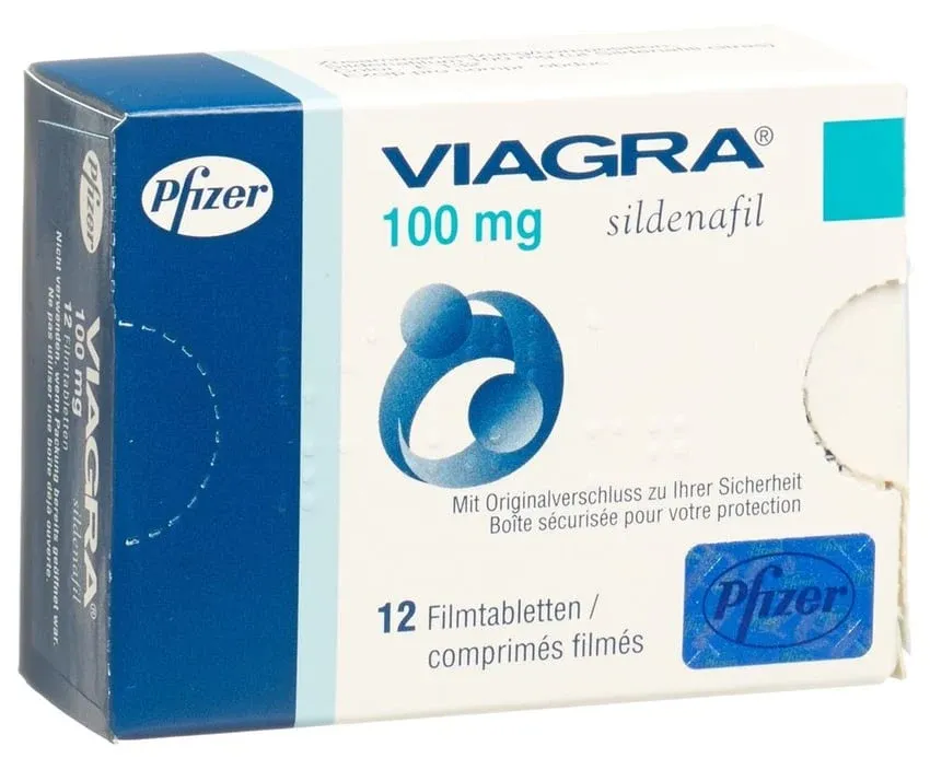 Viagra 100 mg carton containing 12 film-coated tablets, front