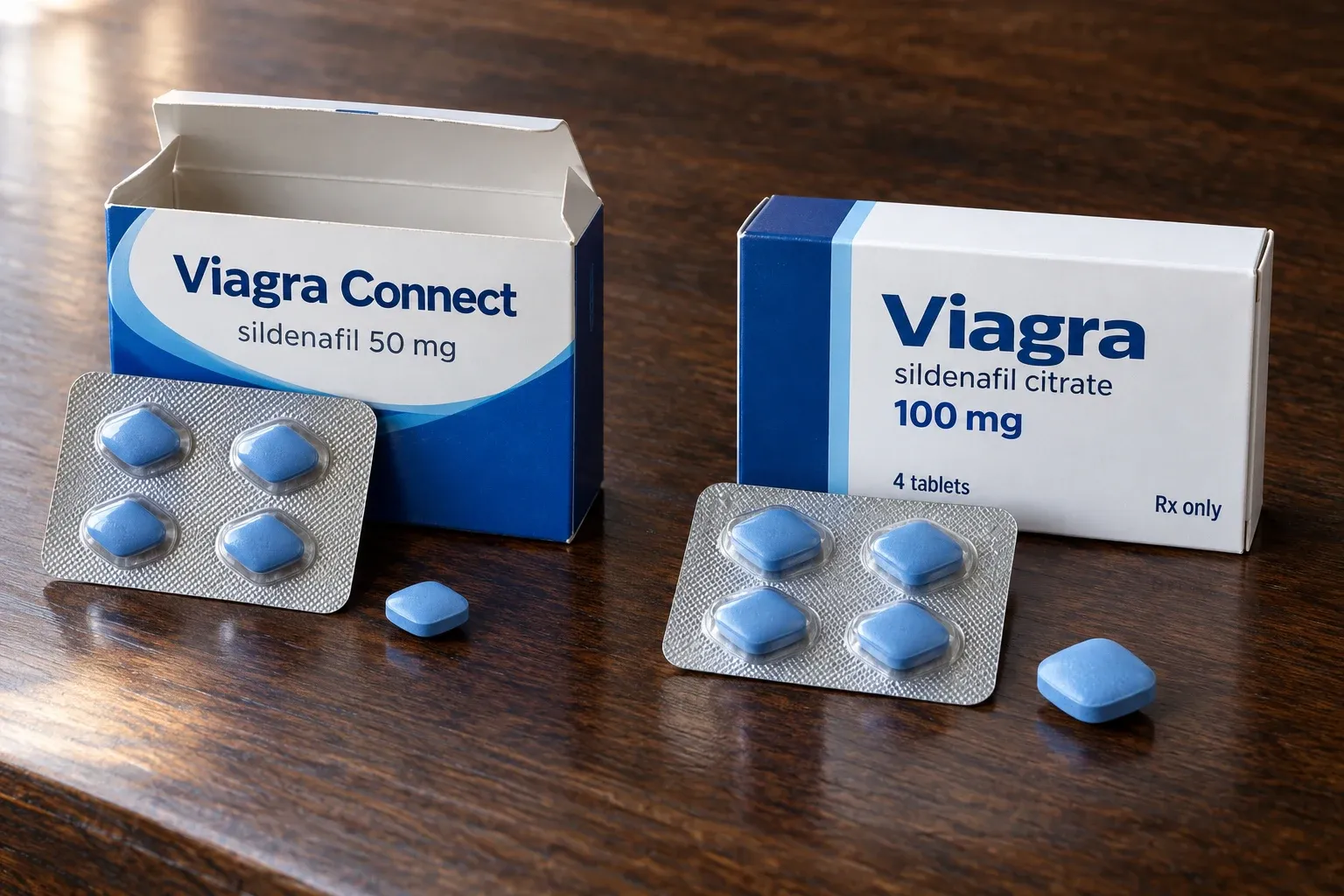 AI-generated image: an open Viagra Connect 50 mg box with a blister of tablets beside a Viagra 100 mg four-tablet pack, on a wooden table