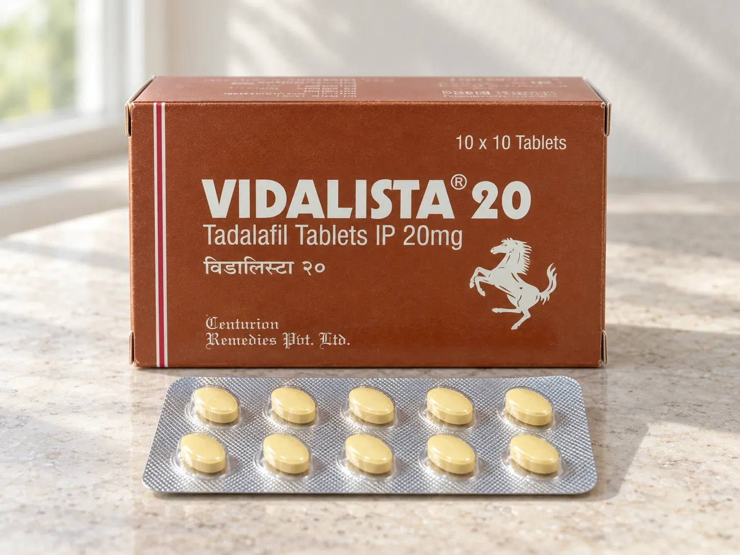 AI-generated illustration of VIDALISTA 20 packaging on a level tabletop