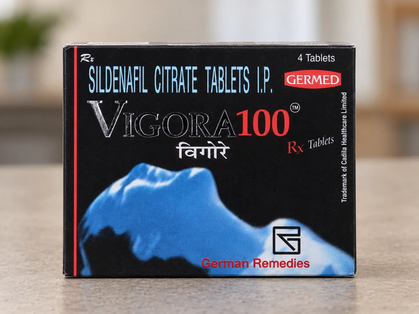 AI-generated illustration of VIGORA 100 packaging on a level tabletop
