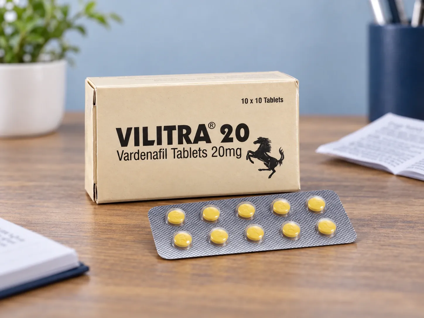 Editorial illustration of Vilitra 20 example packaging on a medicine-review desk