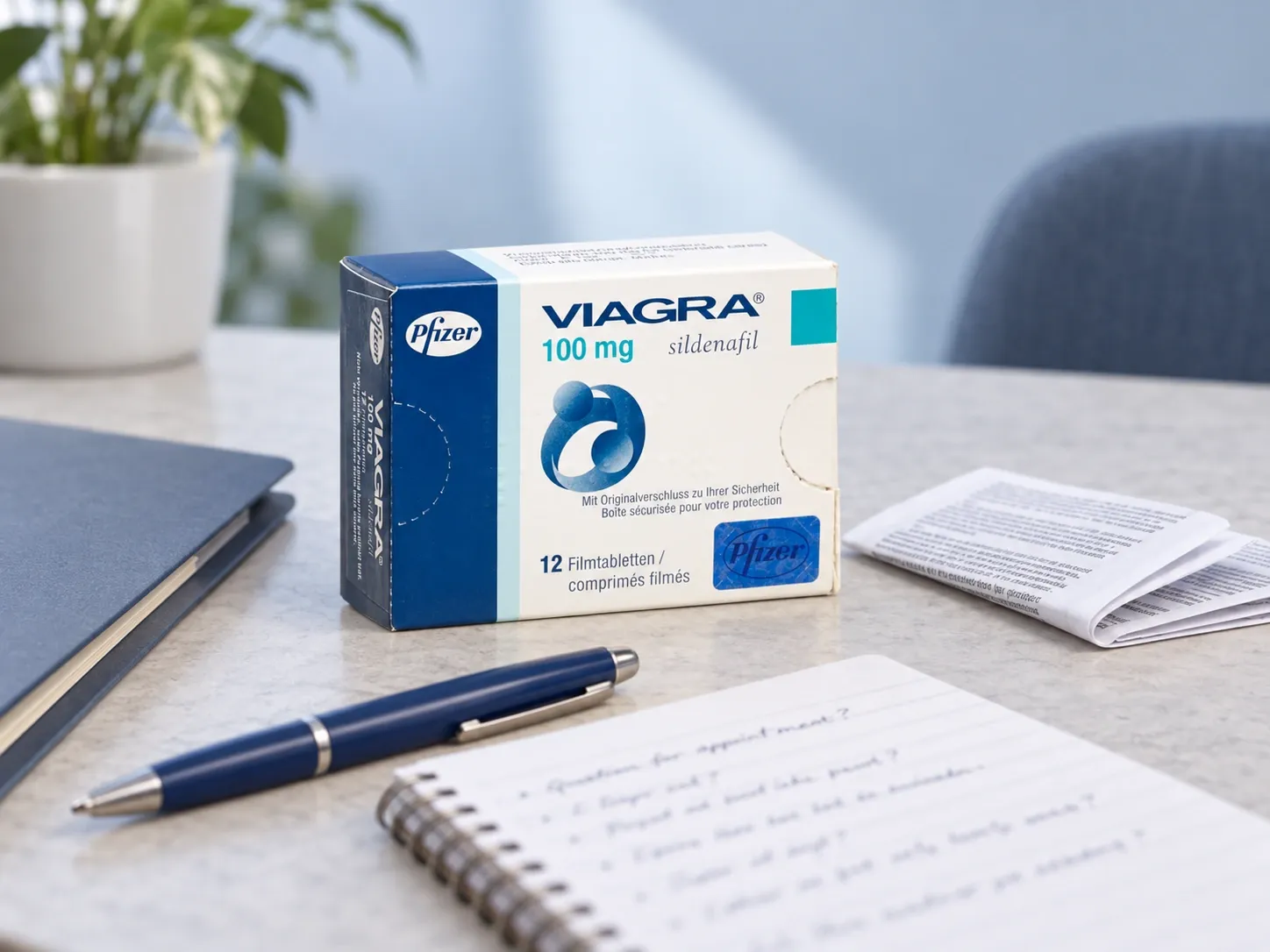 Editorial illustration of a medicine carton and notes prepared for a follow-up appointment