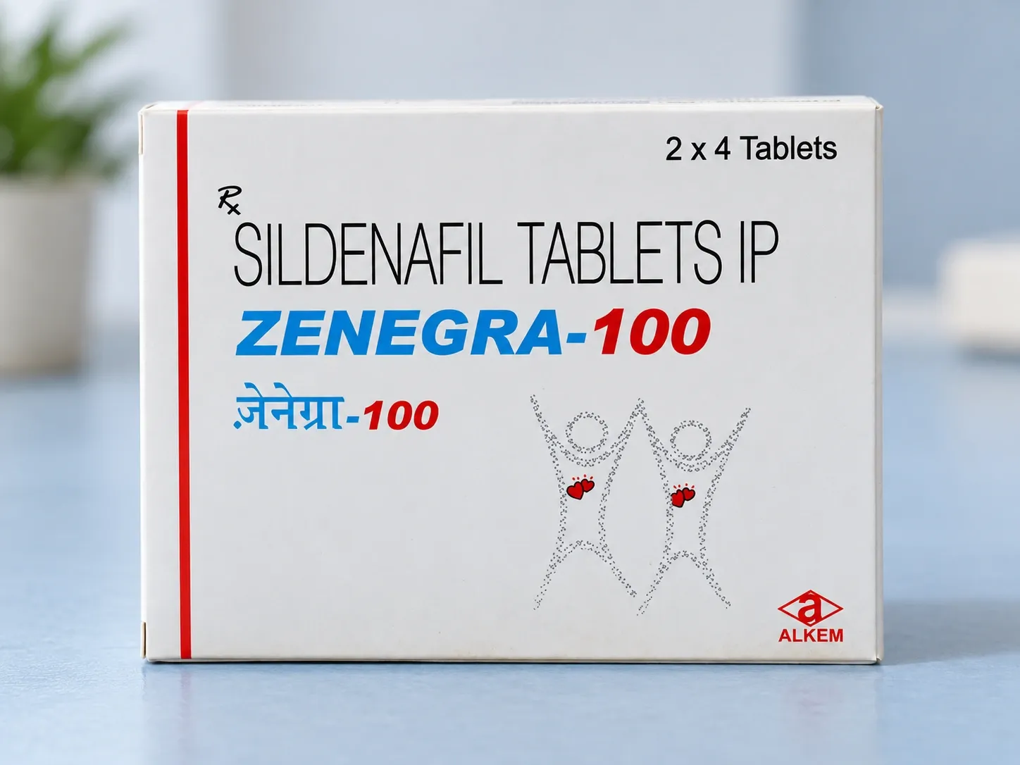 AI-generated illustration of ZENEGRA-100 packaging on a level tabletop