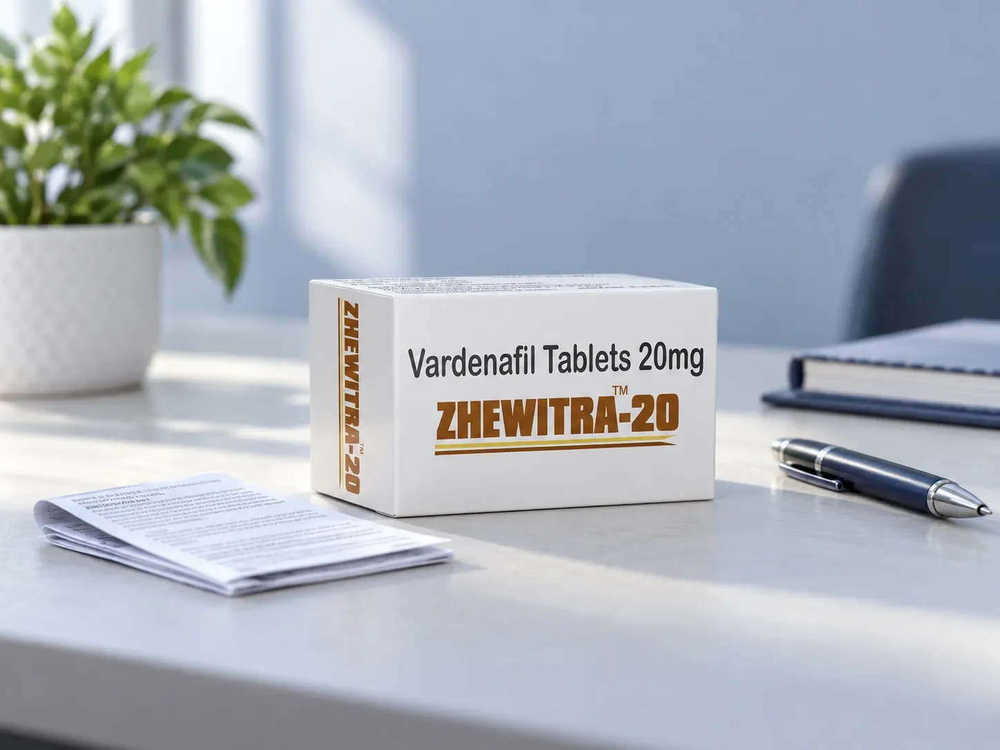 Editorial illustration of Zhewitra-20 example packaging on a medicine-review desk