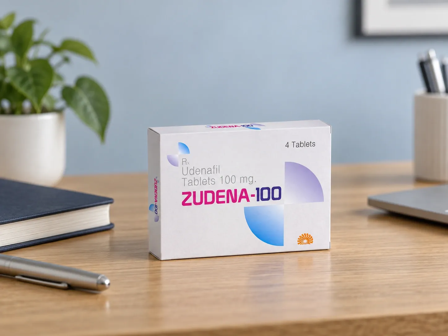 Editorial illustration of Zudena-100 example packaging on a medicine-review desk